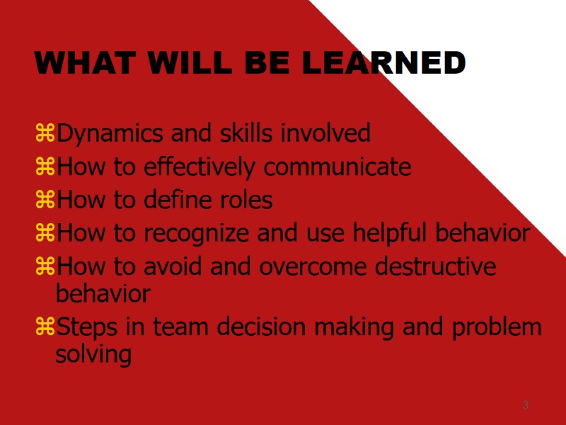 3 WHAT WILL BE LEARNED Dynamics and skills involved How to effectively communicate How